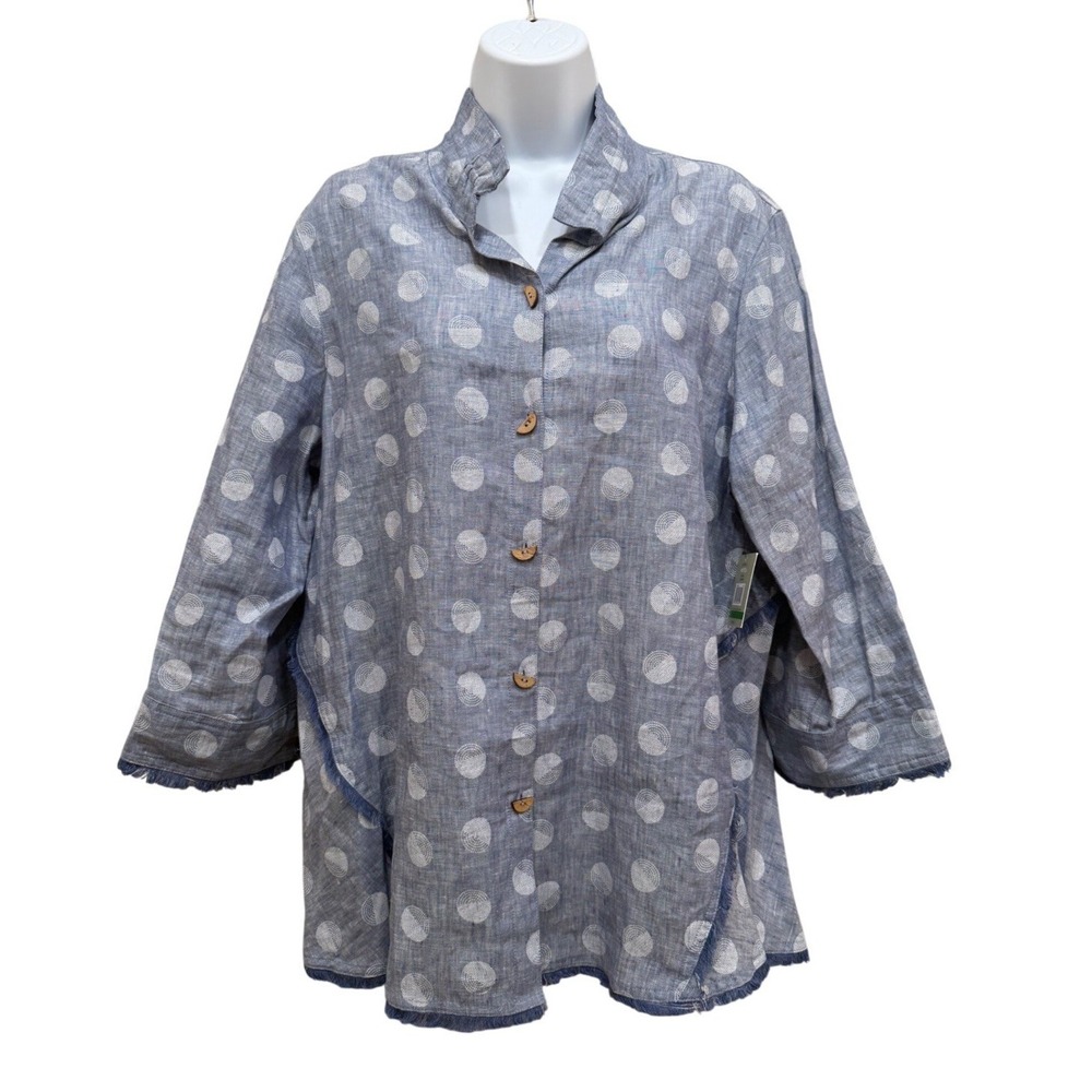 NWT John Mark 100% Linen Shirt Womens L Blue Polka Dot Lagenlook Artsy Coastal
